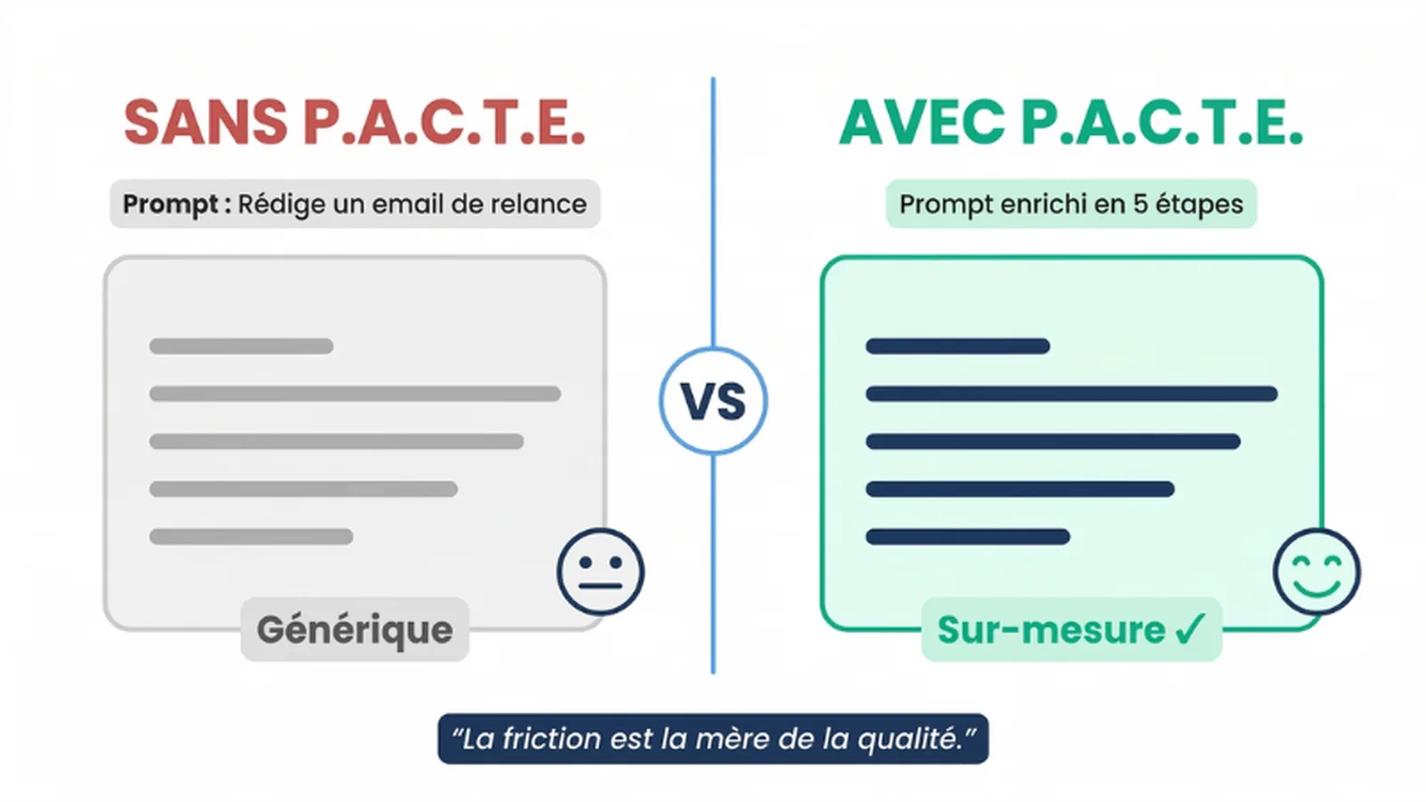Infographie : avant/après avec le P.A.C.T.E., la friction productive — UnlockAI