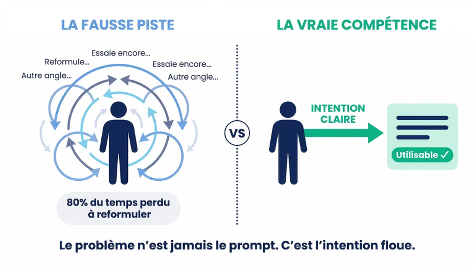 Infographie : l'illusion du prompt parfait vs. la clarté d'intention — UnlockAI