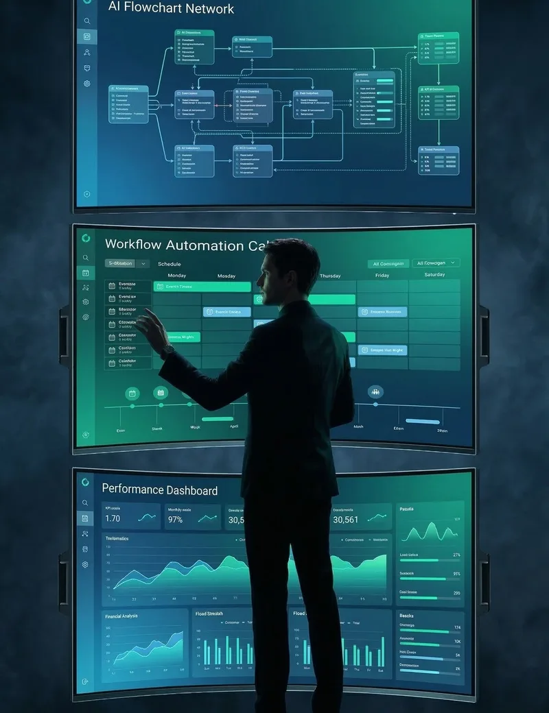 Manager pilotant des workflows IA avec des écrans de tableaux de bord