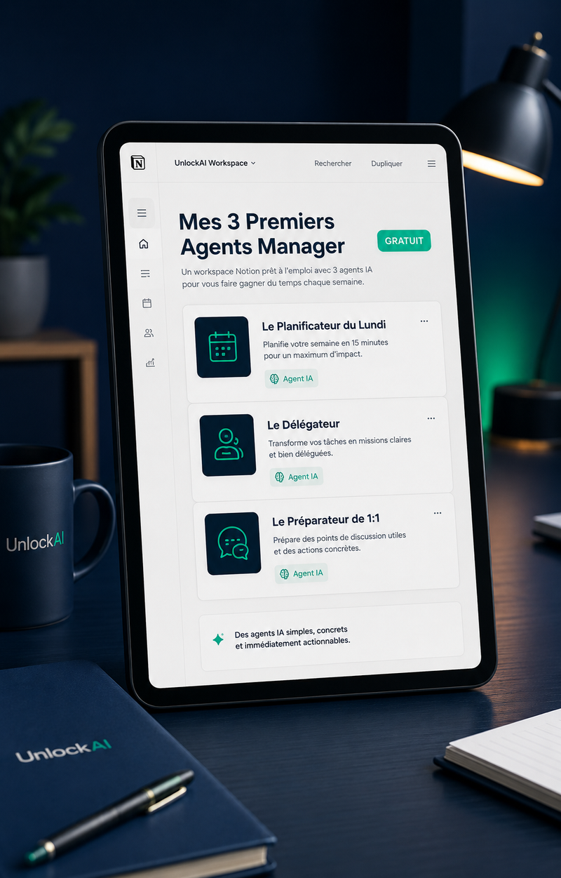 Mockup Mes 3 Premiers Agents Manager, workspace Notion gratuit avec 3 agents IA