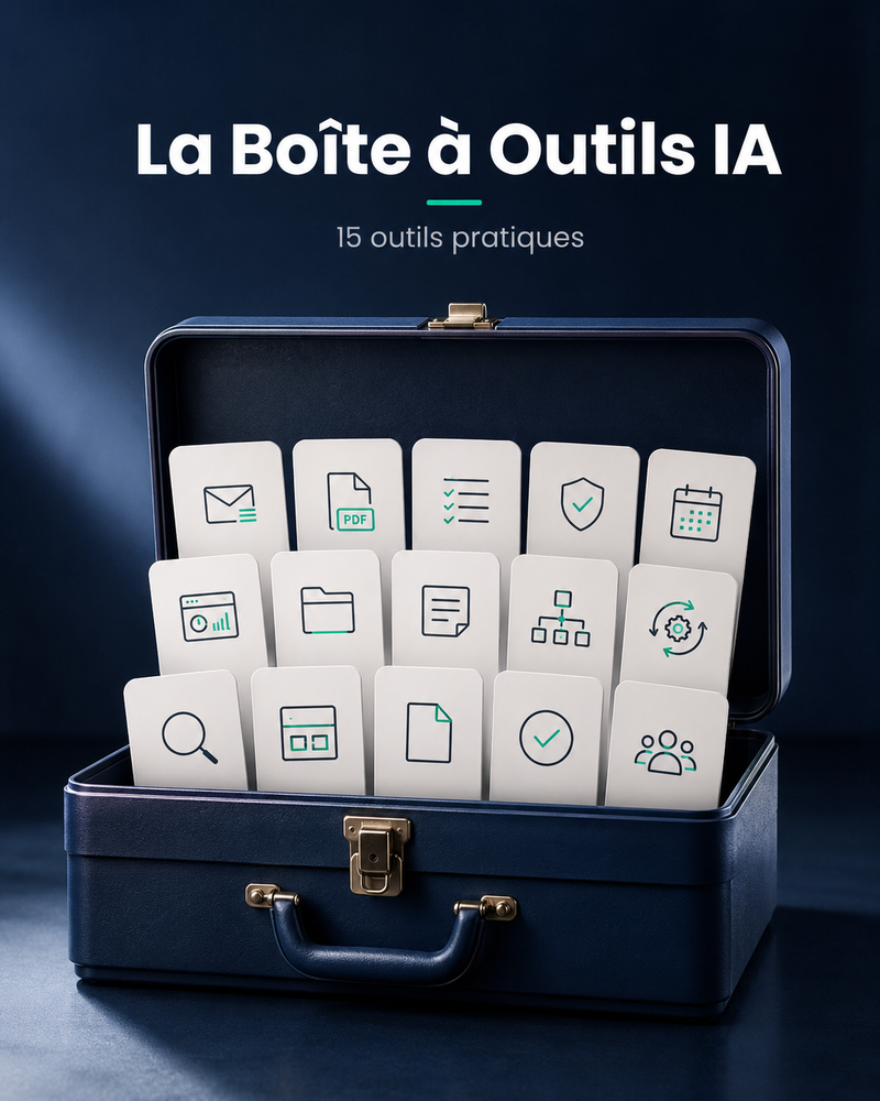 Mockup La Boîte à Outils IA, 15 outils prêts à l'emploi, un par corvée de bureau