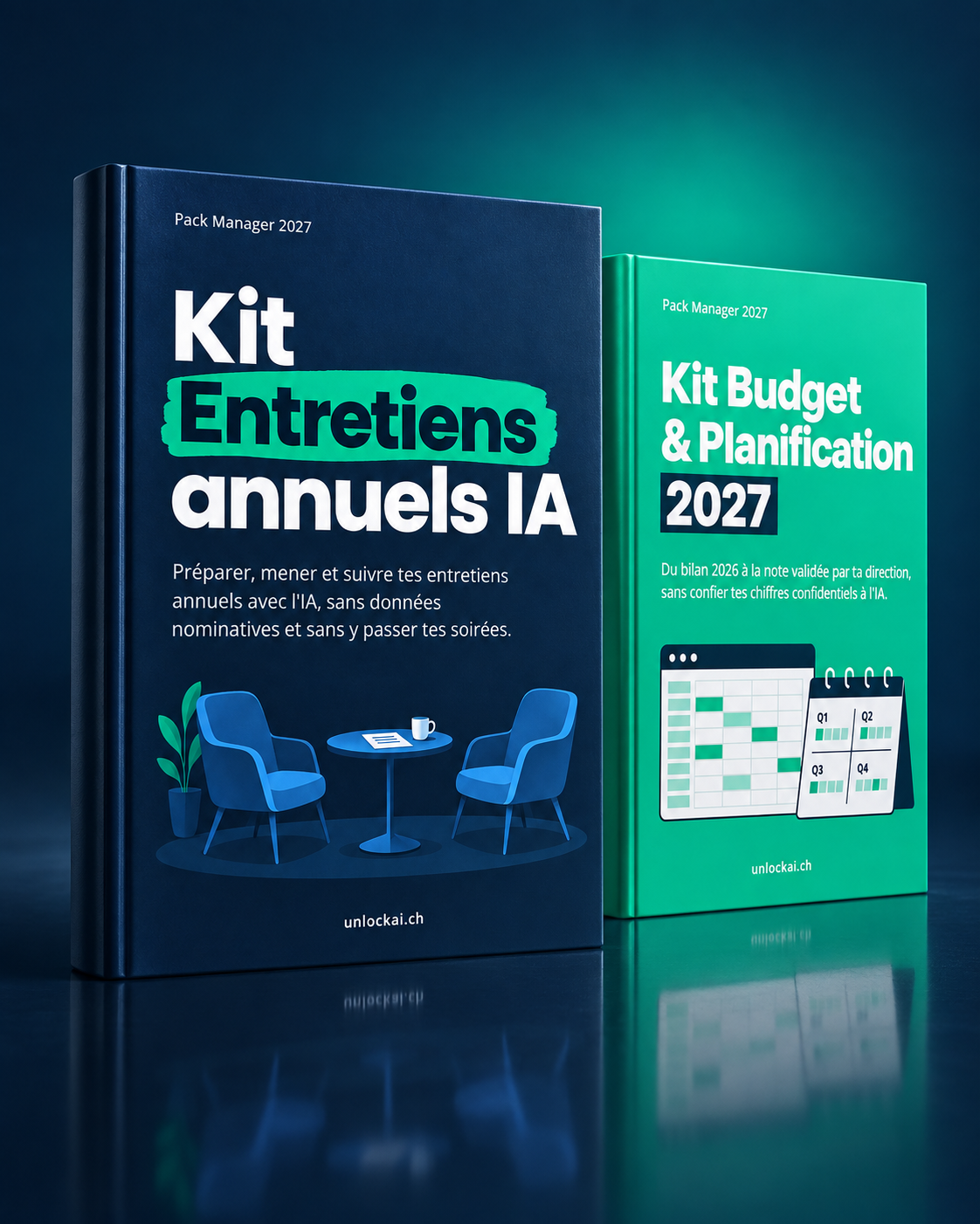 Mockup du Pack Manager 2027 : Kit Entretiens annuels IA et Kit Budget & Planification 2027, par Yann Mottaz